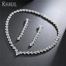 RAKOL SP158 Charming Zircon Crystal Stone accessories Long leaf shape CZ Necklace Earrings Jewelry Set
