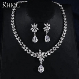 RAKOL SP062 Luxury Dubai style wedding jewelry set cubic zirconia teardrop necklace sets leaf design women wedding jewelry sets