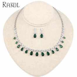 RAKOL SP093 White Gold Plated Crystal Drop stone CZ zircon Necklace earrings Set